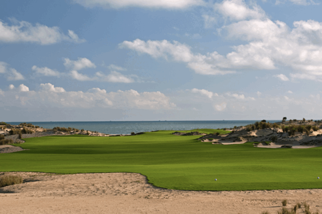 Golf course with ball near flag