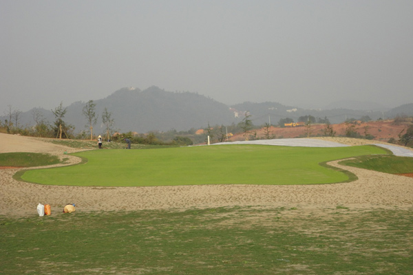 Golf course with ball near flag