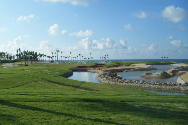 Golf course with ball near flag