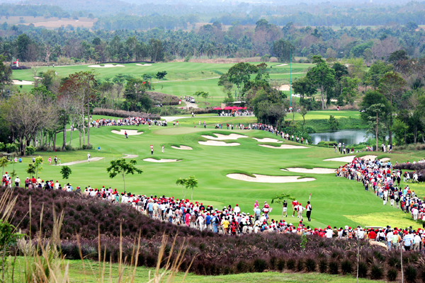 Golf course with ball near flag