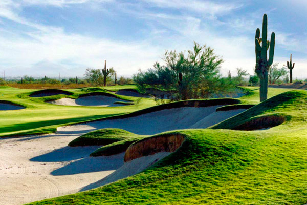 Golf course with ball near flag